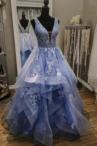 Gorgeous V Neck and V Back Blue Tulle Lace Long Prom Dresses, Puffy Blue Lace Formal Evening Dresses EP1767