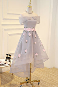 Gray High Low Floral Prom Dresses, Grey High Low Formal Evening Dresses