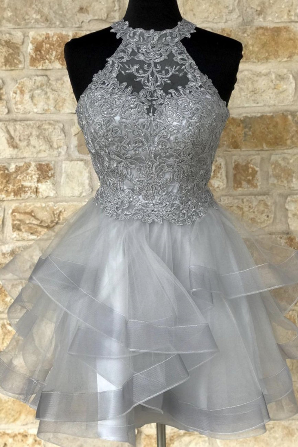 Gray Lace Short Prom Dresses, Fluffy Gray Lace Homecoming Dresses, Gray Formal Evening Dresses EP1372