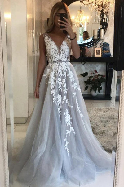 Gray Tulle V Neck Lace A Line Long Prom Dress with Appliques Grey Formal Dress Evening Dress