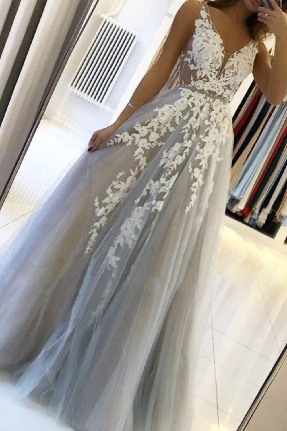 Gray Tulle V Neck Lace A Line Long Prom Dress with Appliques Grey Formal Dress Evening Dress