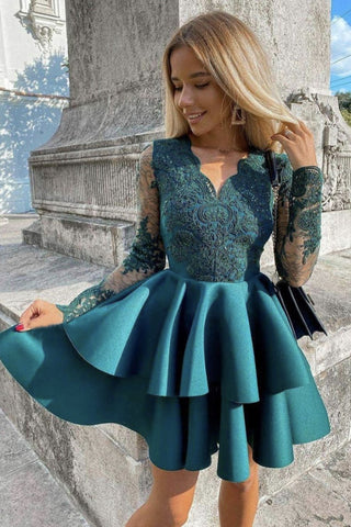 Green Lace V Neck Long Sleeves Layered Short Prom Dress Green Lace Homecoming Dress Green Formal Evening Dress