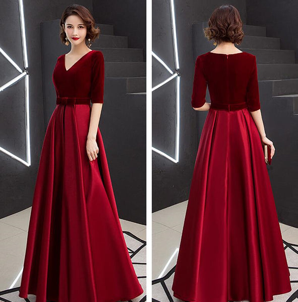 Half Sleeve V Neck Burgundy Velvet Long Prom Dresses, V Neck Burgundy Formal Dresses, Burgundy Velvet Evening Dresses EP1674