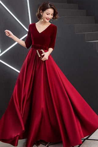 Half Sleeve V Neck Burgundy Velvet Long Prom Dresses, V Neck Burgundy Formal Dresses, Burgundy Velvet Evening Dresses EP1674