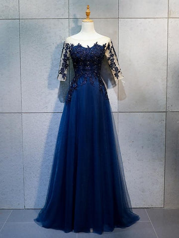 Half Sleeves Navy Blue Long Lace Prom Dresses, Dark Navy Blue Long Lace Formal Bridesmaid Dresses