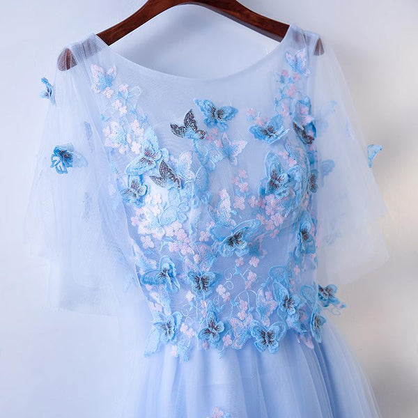 Half Sleeves Round Neck Blue Floral Long Prom Dresses, Blue Long Formal Evening Dresses with Flower
