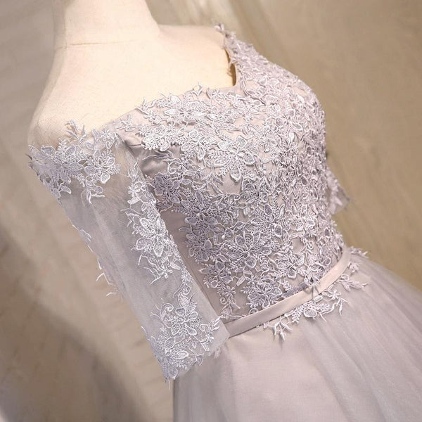 Half Sleeves Short Gray Blue Lace Prom Dresses, Short Gray Blue Lace Homecoming Bridesmaid Dresses