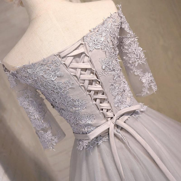 Half Sleeves Short Gray Blue Lace Prom Dresses, Short Gray Blue Lace Homecoming Bridesmaid Dresses
