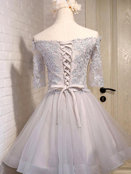 Half Sleeves Short Gray Blue Lace Prom Dresses, Short Gray Blue Lace Homecoming Bridesmaid Dresses