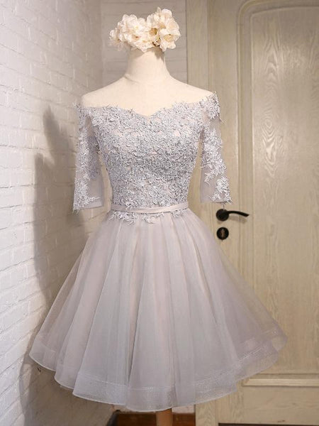 Half Sleeves Short Gray Blue Lace Prom Dresses, Short Gray Blue Lace Homecoming Bridesmaid Dresses
