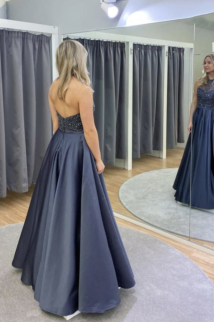 Halter Neck Backless Gray Beaded Long Prom Dresses, Backless Beaded Lo Eip Collection Halter Neck Backless Gray Beaded Long Prom Dresses, Backless Beaded Lo Eip Collection