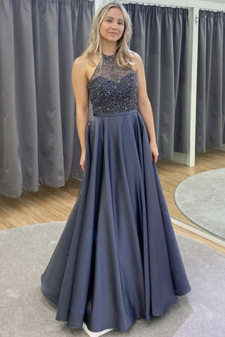 Halter Neck Backless Gray Beaded Long Prom Dresses, Backless Beaded Long Formal Evening Dresses