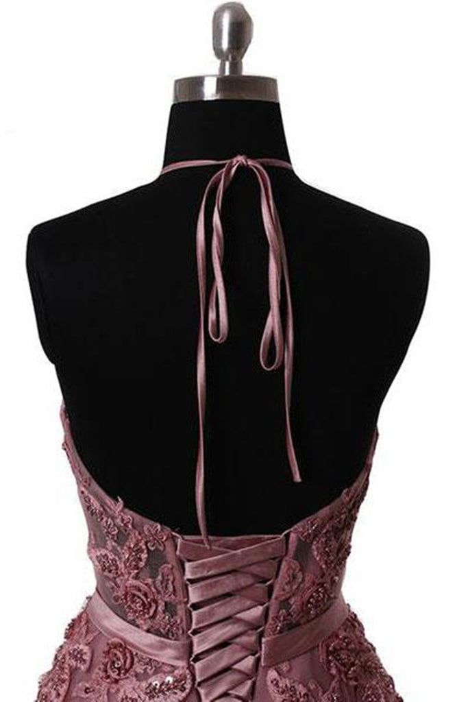 Halter Neck Backless Lace Prom Dresses, Open Back Halter Neck Lace For Eip Collection Halter Neck Backless Lace Prom Dresses, Open Back Halter Neck Lace For Eip Collection