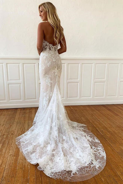 Halter Neck Backless Mermaid White Lace Long Prom Wedding Dresses, Mermaid White Formal Dresses, White Lace Evening Dresses EP1676