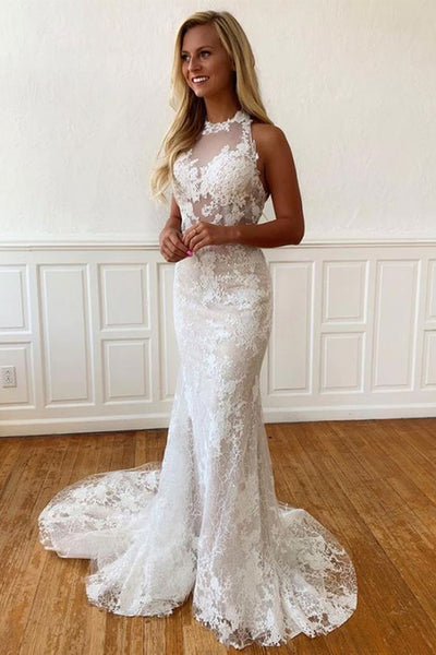 Halter Neck Backless Mermaid White Lace Long Prom Wedding Dresses, Mermaid White Formal Dresses, White Lace Evening Dresses EP1676