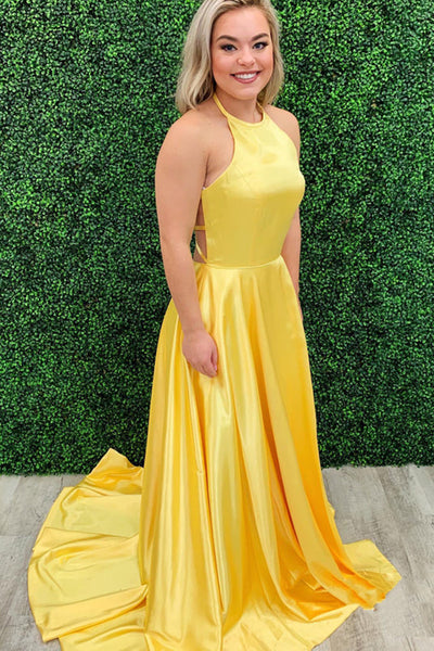 Halter Neck Backless Yellow Satin Long Prom Dresses, Backless Yellow Formal Dresses, Yellow Evening Dresses EP1871