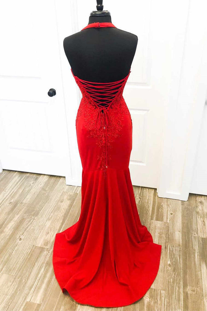 Halter Neck Mermaid Backless Red Lace Long Prom Dresses, Mermaid Red F – Eip Collection Halter Neck Mermaid Backless Red Lace Long Prom Dresses, Mermaid Red F – Eip Collection