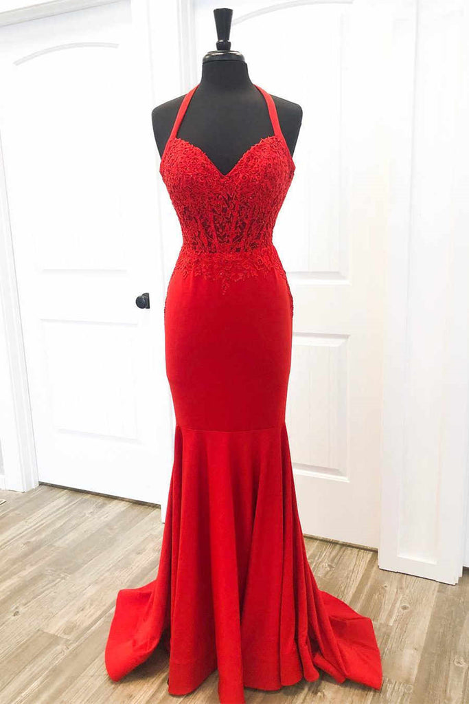Halter Neck Mermaid Backless Red Lace Long Prom Dresses, Mermaid Red F Eip Collection Halter Neck Mermaid Backless Red Lace Long Prom Dresses, Mermaid Red F Eip Collection