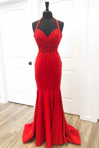 Halter Neck Mermaid Backless Red Lace Long Prom Dresses, Mermaid Red Formal Dresses, Red Lace Evening Dresses EP1883
