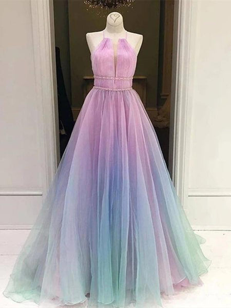 Halter Neck Ombre Long Prom Dresses, Halter Neck Multi Color Long Formal Evening Dresses