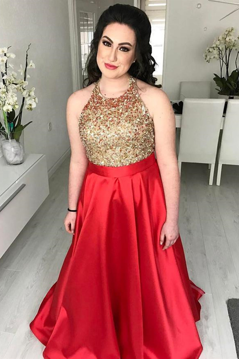 Halter Neck Rhinestone Red Long Prom Dresses, Beaded Red Formal Evening Dresses, Red Ball Gown EP1463