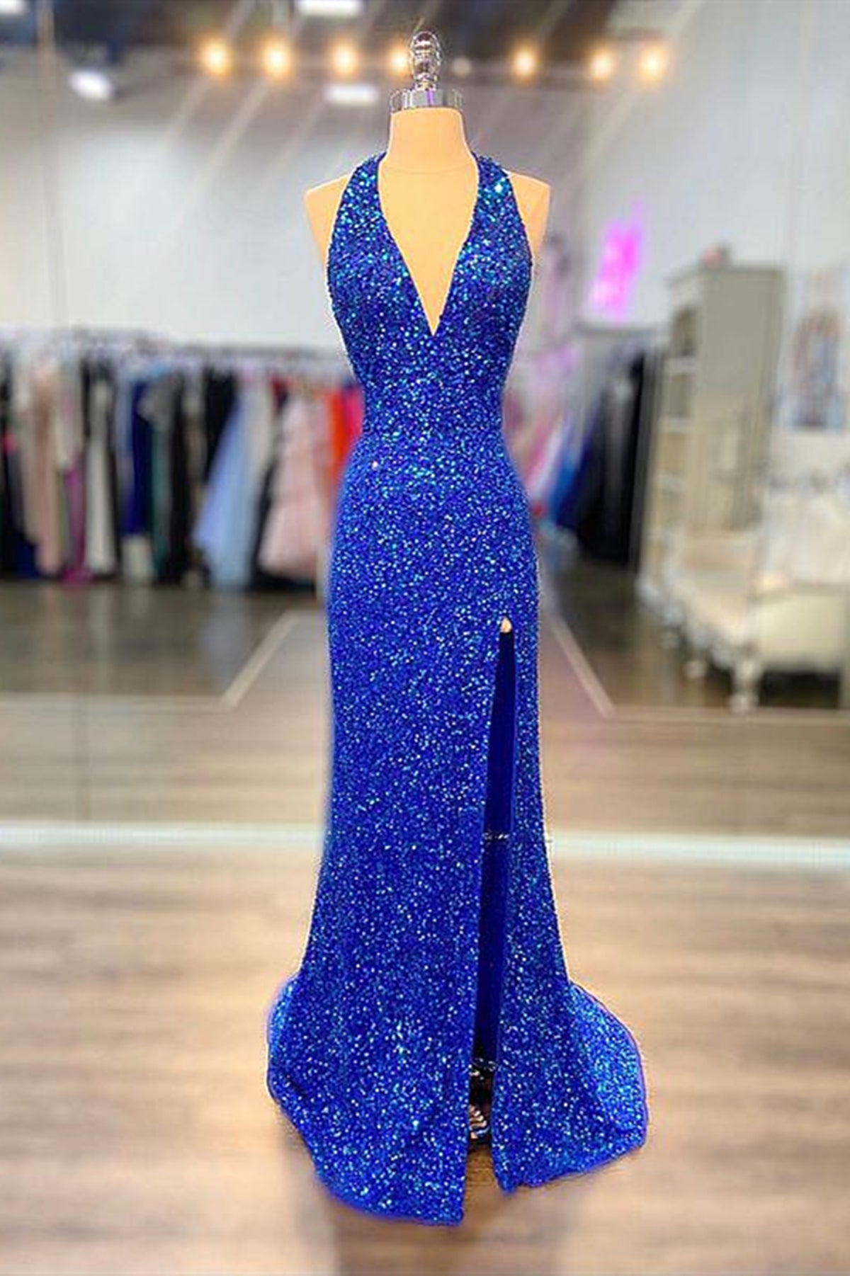 Halter Neck Royal Blue Long Prom Dresses, Shiny Royal Blue Long Formal Eip Collection Halter Neck Royal Blue Long Prom Dresses, Shiny Royal Blue Long Formal Eip Collection