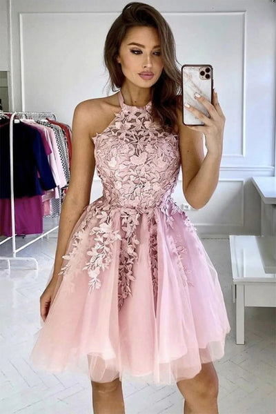 Halter Neck Short Blue Yellow Pink Lace Prom Dresses, Short Lace Formal Homecoming Dresses