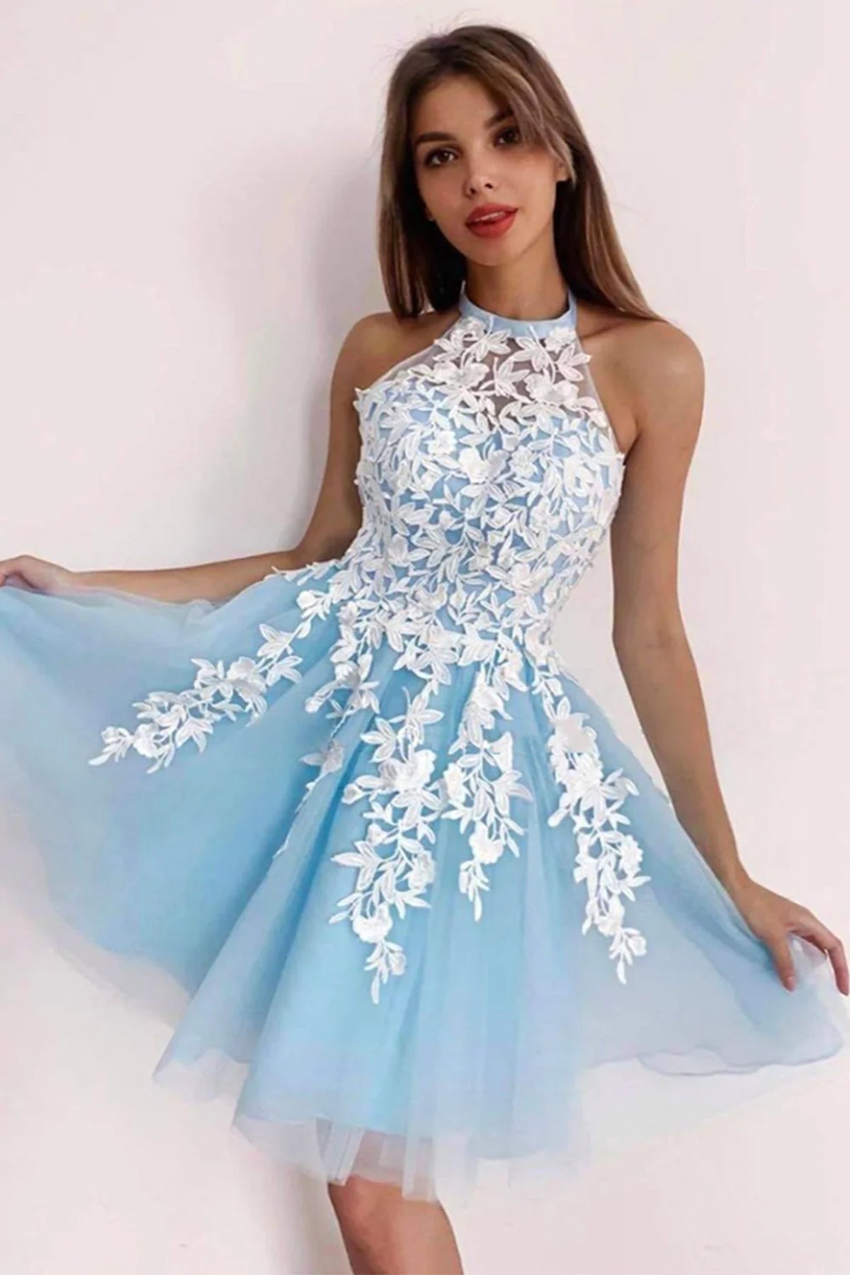 Halter Neck Short Blue Yellow Pink Lace Prom Dresses, Short Lace Forma Eip Collection Halter Neck Short Blue Yellow Pink Lace Prom Dresses, Short Lace Forma Eip Collection