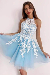 Halter Neck Short Blue Yellow Pink Lace Prom Dresses, Short Lace Formal Homecoming Dresses