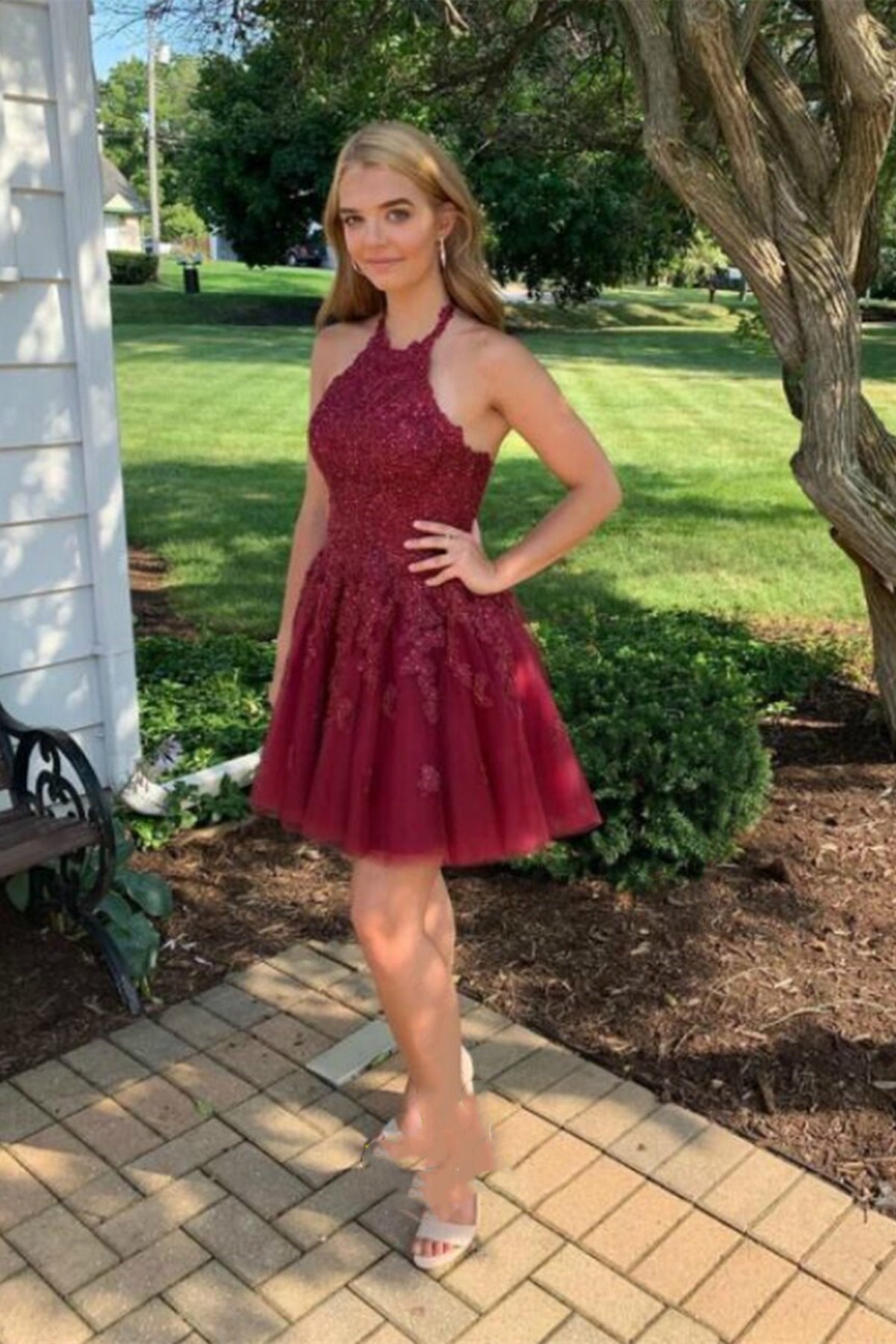 Halter Neck Short Burgundy Lace Prom Dresses, Short Wine Red Lace Grad Eip Collection Halter Neck Short Burgundy Lace Prom Dresses, Short Wine Red Lace Grad Eip Collection