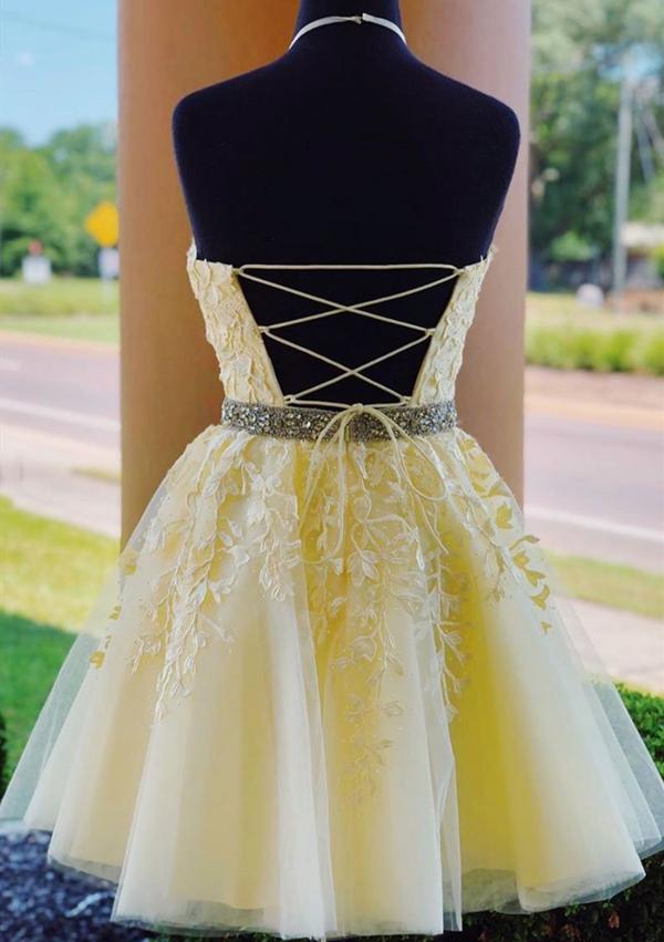 Halter Neck Short Yellow Lace Prom Dressses, Backless Short Yellow Lac Eip Collection Halter Neck Short Yellow Lace Prom Dressses, Backless Short Yellow Lac Eip Collection