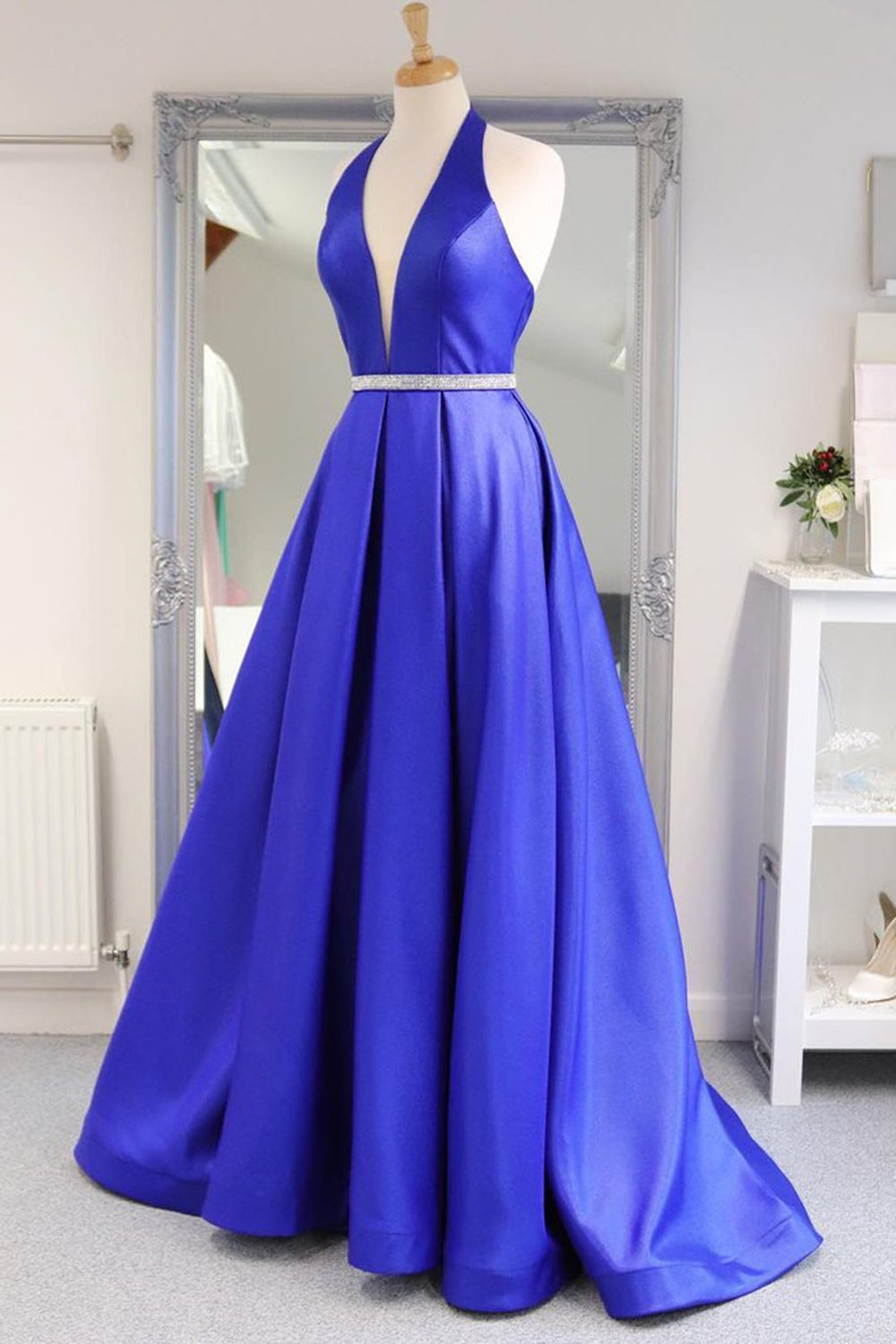 Halter V Neck Backless Blue Long Prom Dresses with Belt, Backless Blue Eip Collection Halter V Neck Backless Blue Long Prom Dresses with Belt, Backless Blue Eip Collection