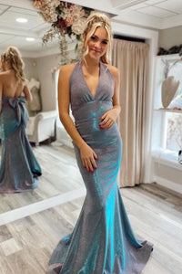 Halter V Neck Backless Mermaid Gray Blue Long Prom Dresses, Mermaid Blue Formal Dresses, Blue Evening Dresses