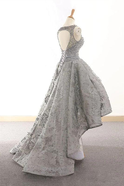 High Low Round Neck Open Back Beaded Silver Gray Lace Prom Dresses, High Low Silver Gray Formal Evening Dresses EP1459