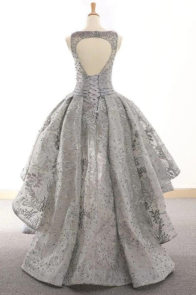 High Low Round Neck Open Back Beaded Silver Gray Lace Prom Dresses, Hi Eip Collection High Low Round Neck Open Back Beaded Silver Gray Lace Prom Dresses, Hi Eip Collection