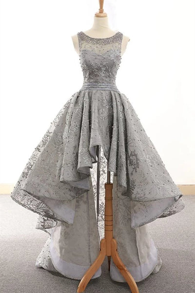 High Low Round Neck Open Back Beaded Silver Gray Lace Prom Dresses, High Low Silver Gray Formal Evening Dresses EP1459