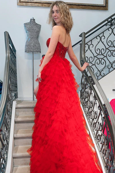 High Low Strapless Beaded Ruffle Red/Pink Tulle Long Prom Dresses, High Low Red/Pink Formal Evening Dresses, Ball Gown EP1781