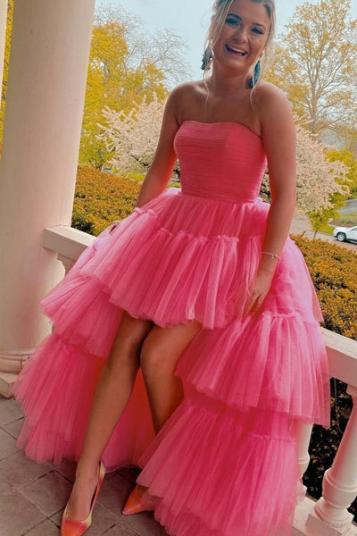 High Low Strapless Pink Tulle Long Prom Dresses, High Low Pink Formal Dresses, Pink Evening Dresses EP1647
