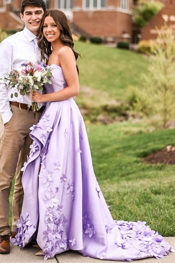 High Low Strapless Purple Satin Floral Long Prom Dresses, High Low Pur Eip Collection High Low Strapless Purple Satin Floral Long Prom Dresses, High Low Pur Eip Collection
