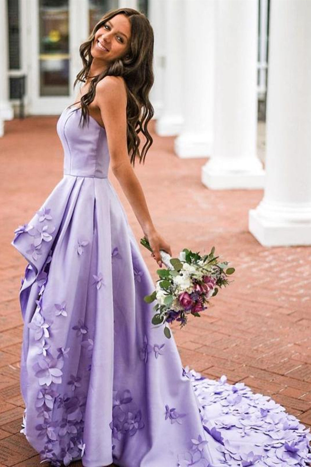 High Low Strapless Purple Satin Floral Long Prom Dresses, High Low