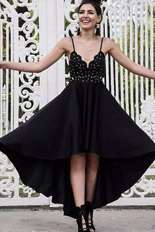 High Low V Neck Black Lace Prom Dresses, High Low Black Formal Dresses, Black Lace Evening Dresses EP1557