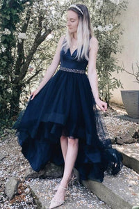 High Low V Neck Navy Blue Prom Dresses with Belt, High Low Navy Blue Formal Evening Dresses EP1500
