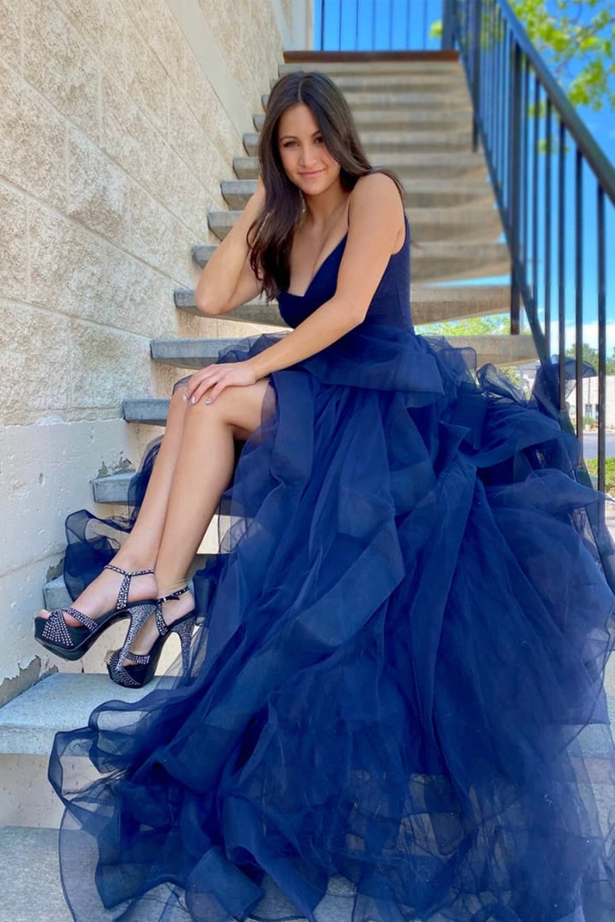 High Low V Neck Navy Blue Tulle Long Prom Dresses, High Low Navy Blue Eip Collection High Low V Neck Navy Blue Tulle Long Prom Dresses, High Low Navy Blue Eip Collection