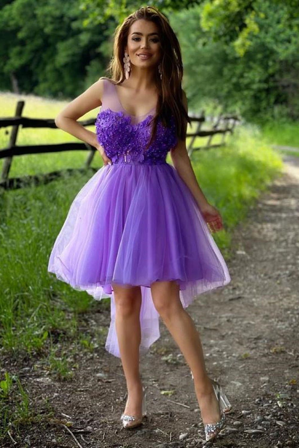 High Low V Neck Purple Lace Appliques Prom Dresses, High Low Lilac Homecoming Dresses, Purple Floral Formal Evening Dresses EP1390