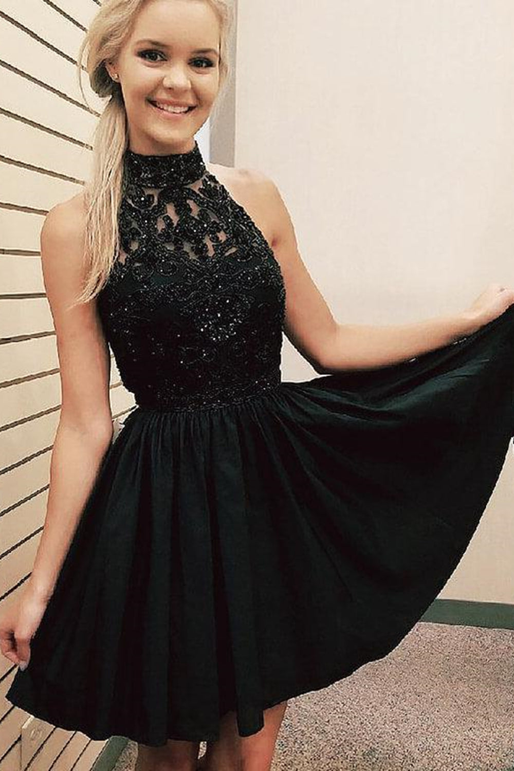 High Neck Black Lace Short Prom Dresses, Beaded Black Lace Homecoming Eip Collection High Neck Black Lace Short Prom Dresses, Beaded Black Lace Homecoming Eip Collection