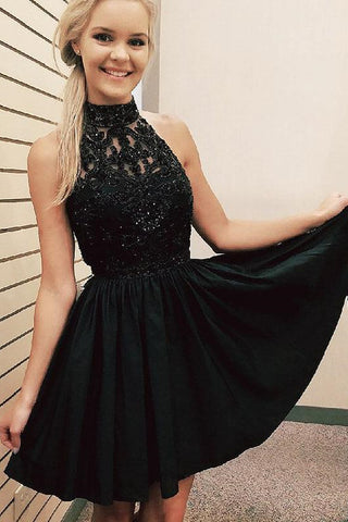 High Neck Black Lace Short Prom Dresses, Beaded Black Lace Homecoming Dresses, Black Lace Formal Evening Dresses EP1613