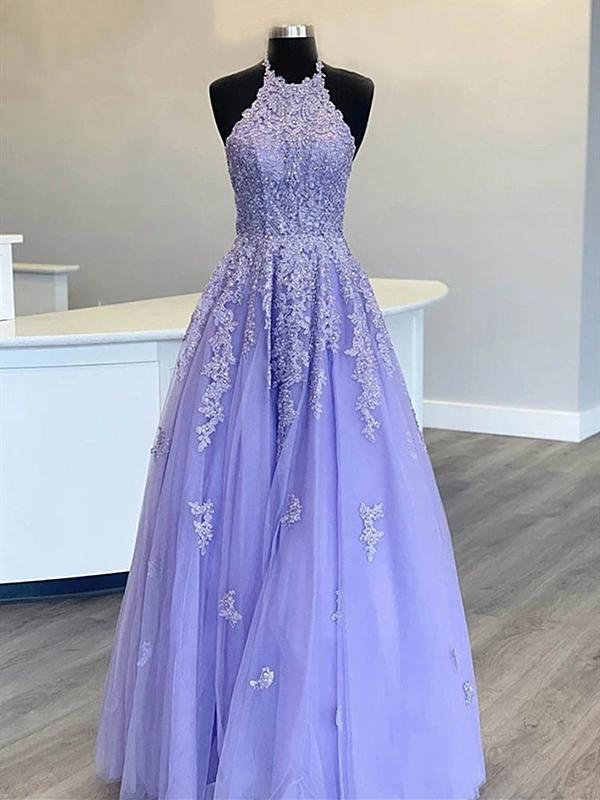 High Neck Long Purple Lace Prom Dresses, Purple Lace Formal Evening Dresses