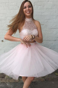 High Neck Two Pieces Beaded Pink Short Prom Homecoming Dresses, 2 Pieces Pink Formal Dresses, Pink Evening Dresses EP1594