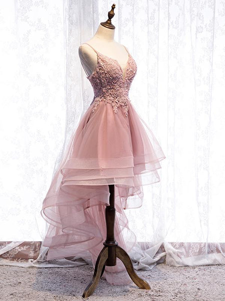 High Low Pink Lace Prom Dresses, Pink High Low Formal Graduation Homecoming Dresses