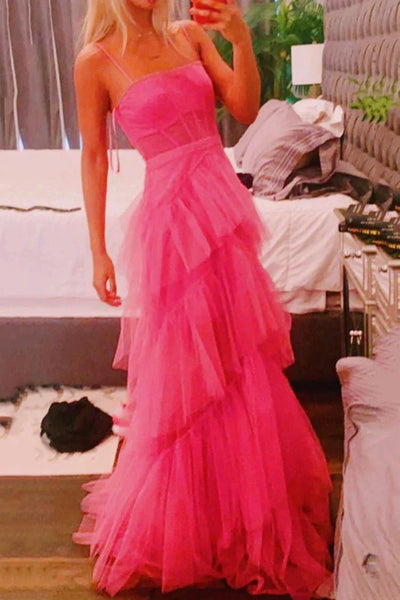 Hot Pink Long Tulle Prom Dresses, Hot Pink Long Tulle Formal Evening Dresses